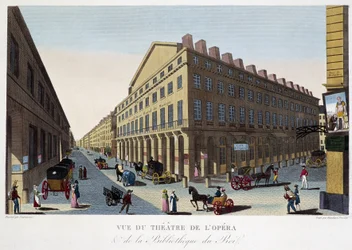 Vista do teatro da ópera (Comédie Française) e da biblioteca do rei - em "Vues de Paris" de Courvoisier