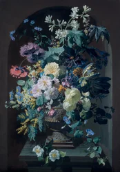 Vaso de flores com mimosas e vaso de flores com cacho de uvas (Peer)