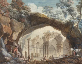 Fantasia arquitetônica: ruínas de um templo circular vistas através de um arco natural
