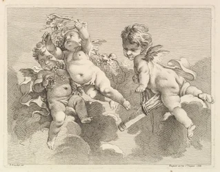 Três amores, um segurando uma aljava, o outro, uvas, 1727-60.