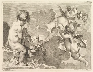 Três amores, um dos quais está sentado, segurando uma aljava, 1727-60.