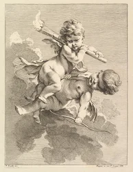 Dois cupidos, um carregando uma tocha, outro um arco, 1727-60.