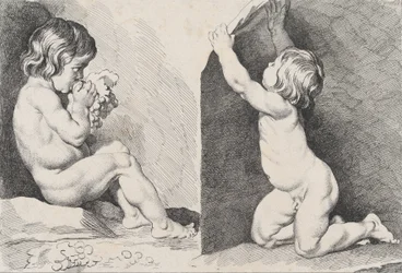 Duas crianças nuas comendo uvas, de New Book of Children, 1720-60.