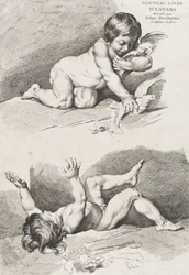 Duas crianças nuas a brincar com uma folha, do Novo Livro das Crianças, 1720-60