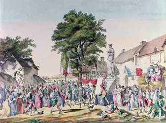 Festival da Aldeia em Honra da Velhice na época da Revolução Francesa, 1795 (gravura a cores)