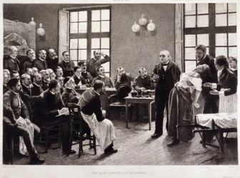 Uma lição clínica do Dr. Charcot na Salpêtrière em 1887. Estudantes do departamento do professor Jean Martin Charcot, que explica o caso de Blanche Wittman, sua paciente e cobaia preferida para a sua investigação sobre a histeria. Foi assistente de Jo