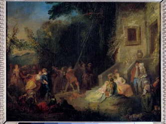 Pode plantar uma festa tradicional que consistia em plantar uma árvore em Maio. Pintura atribuída a Pierre-Antoine Quillard (ca. 1701-1733) século XVIII. Sol 0,37x0,45 m
