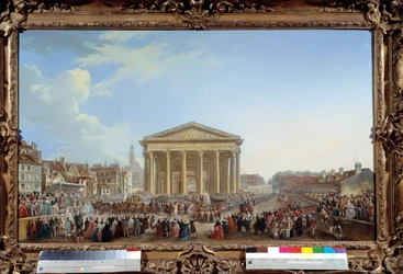 Cerimónia de colocação da primeira pedra da nova Igreja de Santa Geneviève em 6/09/1764 perto da Pintura do Panteão de Pierre Demachy (1723-1807) 1765. Dim. 81 x 1,29 m Paris, musee Carnavalet - Cerimónia de colocação da primeira pedra da nova Igreja de Sã