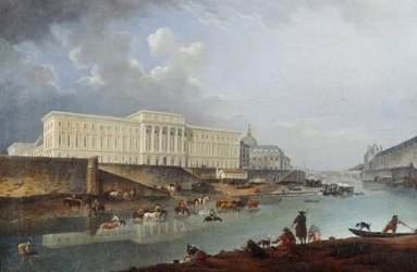 O Hôtel de la Monnaie, o Quai de Conti e o Sena, vistos da Pointe de la Cité, 1777.