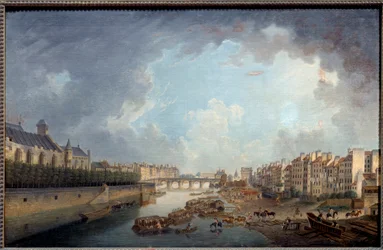 O arco, a ponte do Tournelle e o Quai Saint Bernard visto do dieu do hotel. Vista de Paris. Pintura de Pierre Demachy (1723-1807)