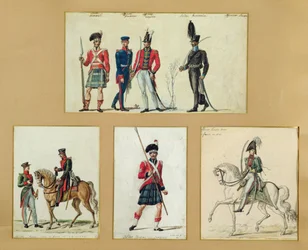 Uniformes de soldados escoceses e oficiais prussianos, ingleses, hanoverianos e russos em 1814