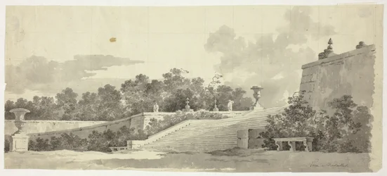 Vista do parque de Versalhes: Escadaria, urnas e topiários