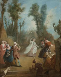 Figuras elegantes a jogar peteca num parque, c. 1730