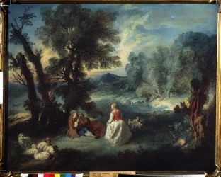 ""Cena Pastoral"" Cena de sedução entre pastores. Pintura de Pierre Antoine Quillard (1701-1733) por volta de 1730 Museu Pushkin, Moscou