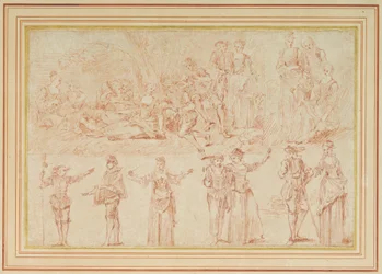 Dois fetes galantes e estudos de figuras individuais e pares (giz vermelho sobre papel)