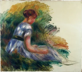Alice Gamby no jardim, jovem garota sentada na grama, 1891