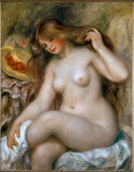 Banhista loira. Mulher nua com cabelo muito comprido. Pintura de Pierre-Auguste Renoir