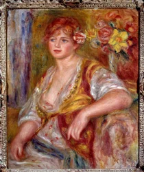 A loira tem a rosa. Retrato de Andree Madeleine Heuschling (1900-1979) apelidada de "Dedee", uma comediante conhecida como Catherine Hessling (ela se casou com Jean Renoir em 1920). Pintura de Pierre Auguste Renoir (1841-1919), por volta de 1915. Óleo sobr