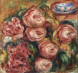 Composição com rosas e uma xícara de chá