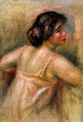 Mulher com três quartos de comprimento. Está vestida com um macacão cor-de-rosa e com o cabelo num carrapito. Pintura de Pierre Auguste Renoir (1841-1919). Óleo sobre tela. Coleção particular