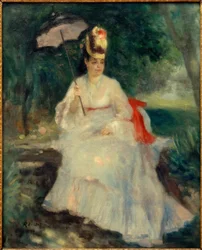 Mulher com guarda-sol no jardim