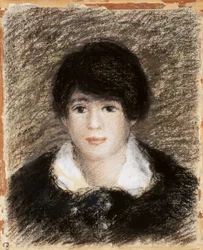 Jovem mulher, vista de frente, com vestido preto e gola branca. Desenho de Pierre-Auguste Renoir (1841-1919)