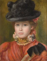 Jovem com chapéu preto e flores vermelhas, por Pierre Auguste Renoir (1841-1919), c. 1890 - Coleção particular