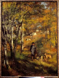 Jules Lecoeur e os seus cães na floresta de Fontainebleau. Pintura de Pierre Auguste Renoir (1841-1919)