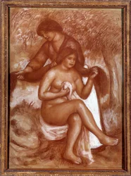 O penteado ou o banheiro do banhista de desenho em tons de sangue e branco por Pierre Auguste Renoir