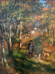 O pintor Jules Le Coeur e os seus cães na floresta de Fontainebleau