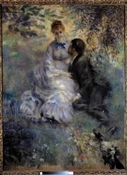 Amantes. Casal sentado num jardim. Pintura de Pierre-Auguste Renoir (1841-1919)