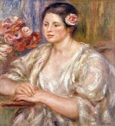 Madeleine em uma blusa branca e buquê de flores, c.1915-1919