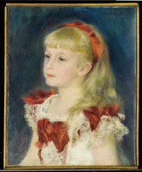 Mademoiselle Grimprel au ruban rouge (Helene Grimprel, ca. 1873-?) - Pintura de Pierre Auguste Renoir (1841-1919), óleo sobre tela (45x35 cm)