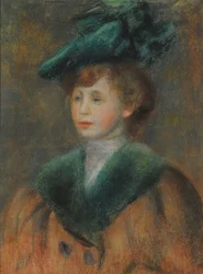 Retrato de uma jovem mulher com chapéu verde.