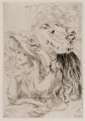 Duas raparigas a prenderem flores nos seus chapéus, c.1894 (gravura a tinta sobre papel)