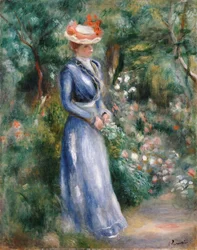 Mulher em um vestido azul em pé no jardim em Saint-Cloud