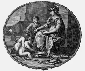 Alegoria feminina da razão e da criatividade rodeada de crianças,1695-1697 (gravura)