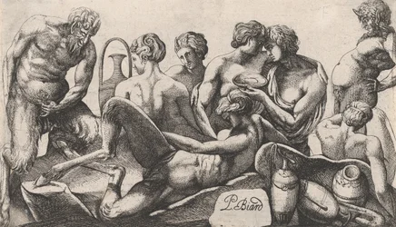Oito sátiros e sátiros terminando uma refeição, 1607-61.