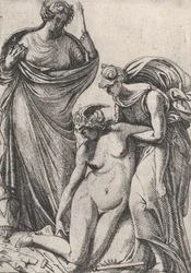 Estudo apoiando a personificação desmaiada da Escultura, ao lado deles, Fran..., 1607-61.