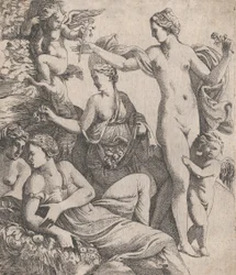 Vênus, de pé com as três Graças, é oferecida uma flor de um putto, 1607-61.