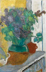 Francês: Lilas mauve dans un vase de terre jaune et vert