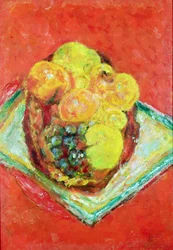 Pêssegos e Uvas sobre Toalha de Mesa Vermelha, c.1943 (óleo sobre tela)