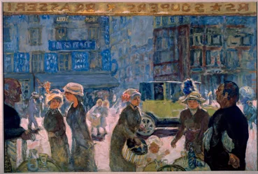 Coloque o Clichy em Paris: Cena de rua pintada do terraço de um café - Pintura de Pierre Bonnard (1867-1947)