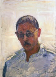 Auto-retrato sobre fundo branco com camisa de pescoço aberto (óleo sobre tela)