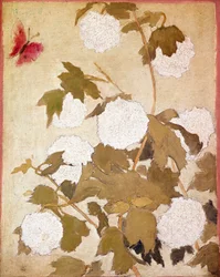 Bolas de neve Flores Bolas de neve (Viburnum Ob) e borboleta vermelha. Pintura de Pierre Bonnard (1867-1947) Coleção P. M. Samuel