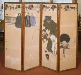 The Nannies Out for a Walk ou o Frieze de Hackney Carriages, Folding Screen em 4 painéis, 1899 (impressões coloridas em tela de madeira)