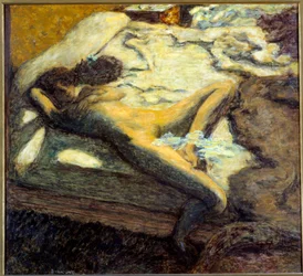 A jovem nua e indolente deitada numa cama. Pintura de Pierre Bonnard (1867-1947), 1899. Sol. 0,96 x 1,06 m. Paris, Museu d