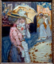 O passeio Duas elegantes jovens mulheres vestidas de moda Belle Epoque falando sob seu guarda-chuva. Pintura de Pierre Bonnard (1867-1947) 1900 Sol. 0,38x0,21 m Colecção privada