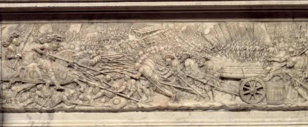 A Batalha de Marignano em 1515. Túmulo do coração do rei de França Francisco I (1494-1547): baixo-relevo de Pierre Bontemps (cerca de 1507-1568)