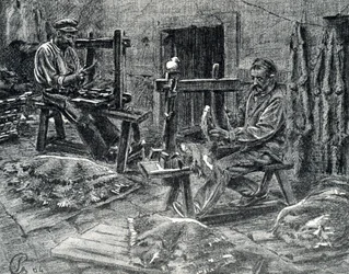 Artífices a descarregar as peles de carneiro Gravação de "Excursion a travers les metiers" de Pierre Calmette Private Collection